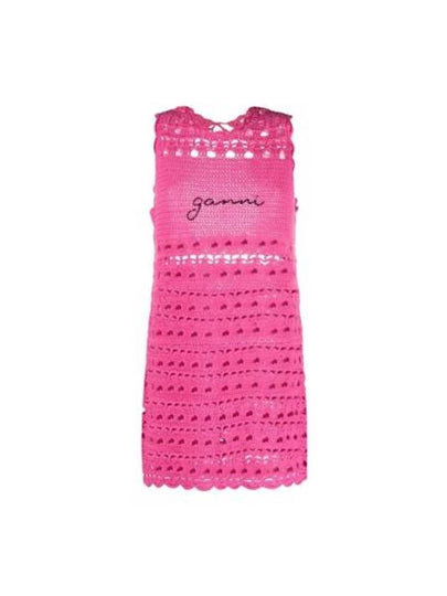 Women's Logo Open Crochet Backless Tunic Short Dress Pink - GANNI - BALAAN 2