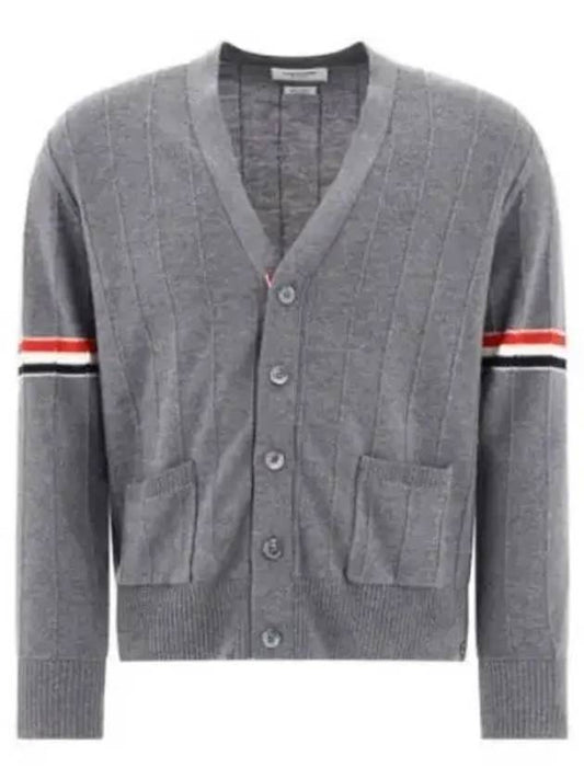 RWB V-neck Striped Virgin Wool Cardigan Grey - THOM BROWNE - BALAAN 2