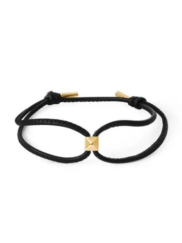 V Logo Rockstud Leather Bracelet Black Gold - VALENTINO - BALAAN 1