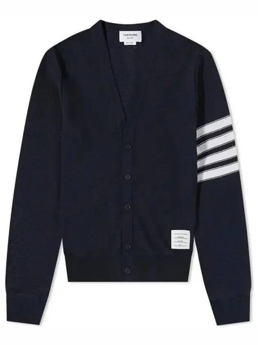 4 Bar Open Raschel Stitch V Neck Cardigan Navy - THOM BROWNE - BALAAN.