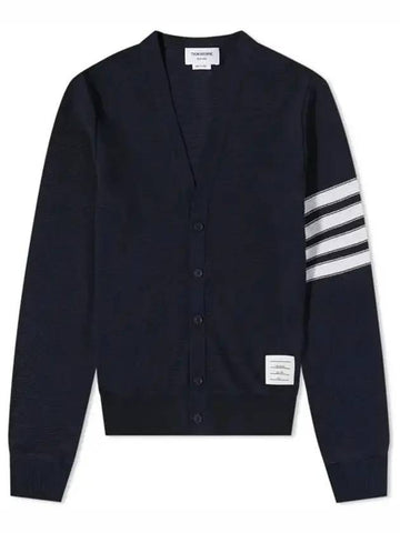 4 Bar Open Raschel Stitch V Neck Cardigan Navy - THOM BROWNE - BALAAN 1