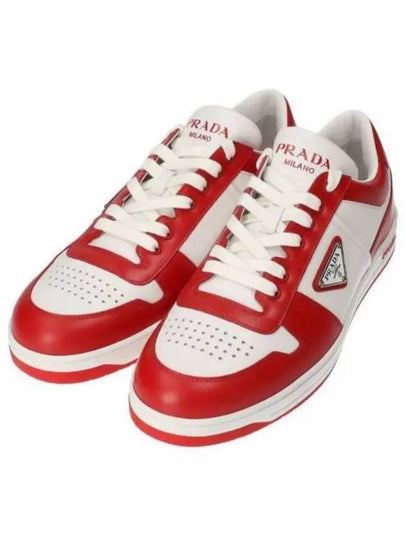 Men's Downtown Triangle Logo Leather Low Top Sneakers White Lacquer Red - PRADA - BALAAN 2