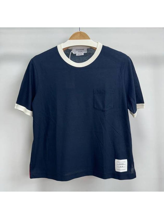 Women's Contrast Trimming Logo Patch Short Sleeve T-Shirt Navy - THOM BROWNE - BALAAN 2