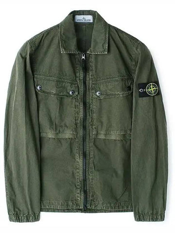 Brushed Organic Cotton Overshirt Jacket Dark Green - STONE ISLAND - BALAAN 1