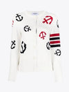 Cotton Anchor Intarsia 4 Bar Crew Neck Cardigan White - THOM BROWNE - BALAAN 2