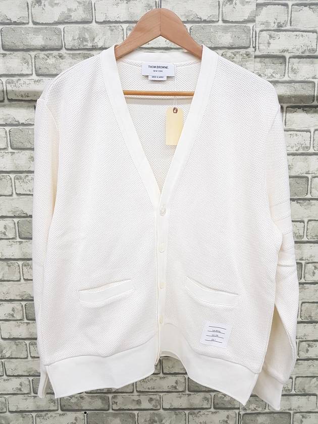 4 Bar V-neck Knit Cotton Cardigan White - THOM BROWNE - BALAAN 1