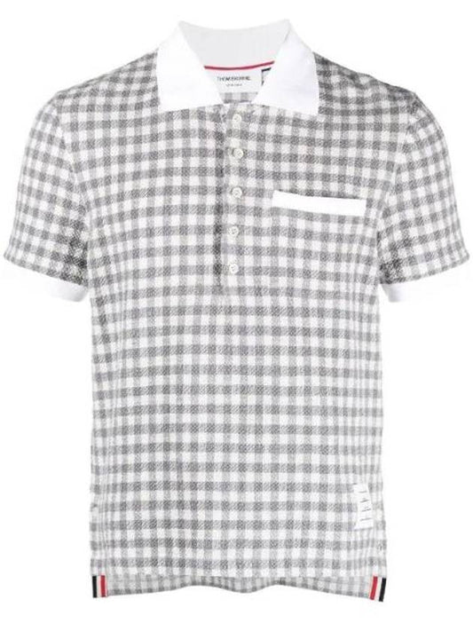 Gingham Check Short Sleeve Cotton Polo Shirt grey - THOM BROWNE - BALAAN 1