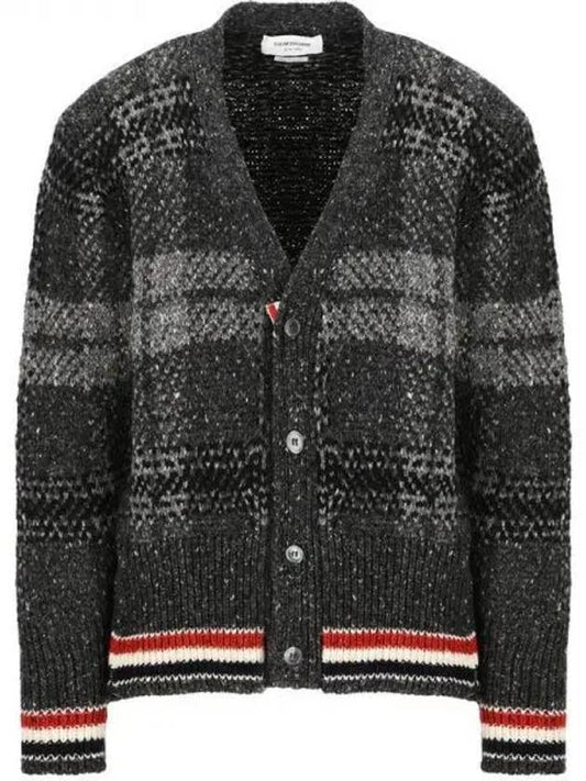 Donegal Tartan Stripe V-Neck Cardigan Grey - THOM BROWNE - BALAAN 2