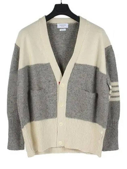 Donegal Diagonal Oversized Colour Block Wool Cardigan Grey Cream - THOM BROWNE - BALAAN 2