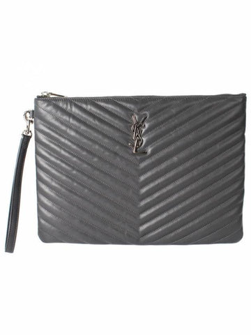 Monogram Cassandre Matelasse Silver Leather Clutch Bag Grey - SAINT LAURENT - BALAAN 1