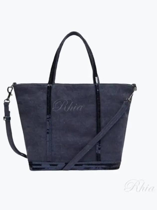 Women's Cabas Small Linen Tote Bag Navy - VANESSA BRUNO - BALAAN 2