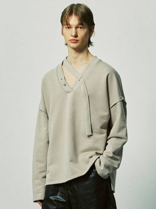 V-Neck Layered String Pierced Sweatshirt Mocha - S SY - BALAAN 1