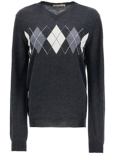 Wool V-Neck Diamond Pattern Long Sleeve Knit Top Grey - PALOMA WOOL - BALAAN 1