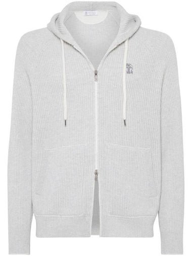 Logo embroidered cashmere hooded jacket light gray - BRUNELLO CUCINELLI - BALAAN 1