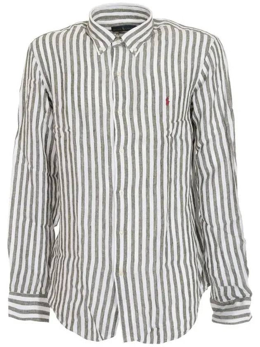 Logo Stripe Linen Long Sleeve Shirt Green - POLO RALPH LAUREN - BALAAN 1