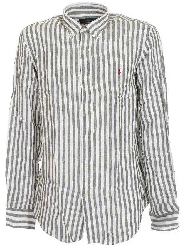 Logo Stripe Linen Long Sleeve Shirt Green - POLO RALPH LAUREN - BALAAN 1