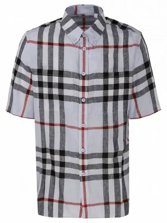 Men's Checked Linen Short Sleeve Shirt Pale Blue - BURBERRY - BALAAN 1