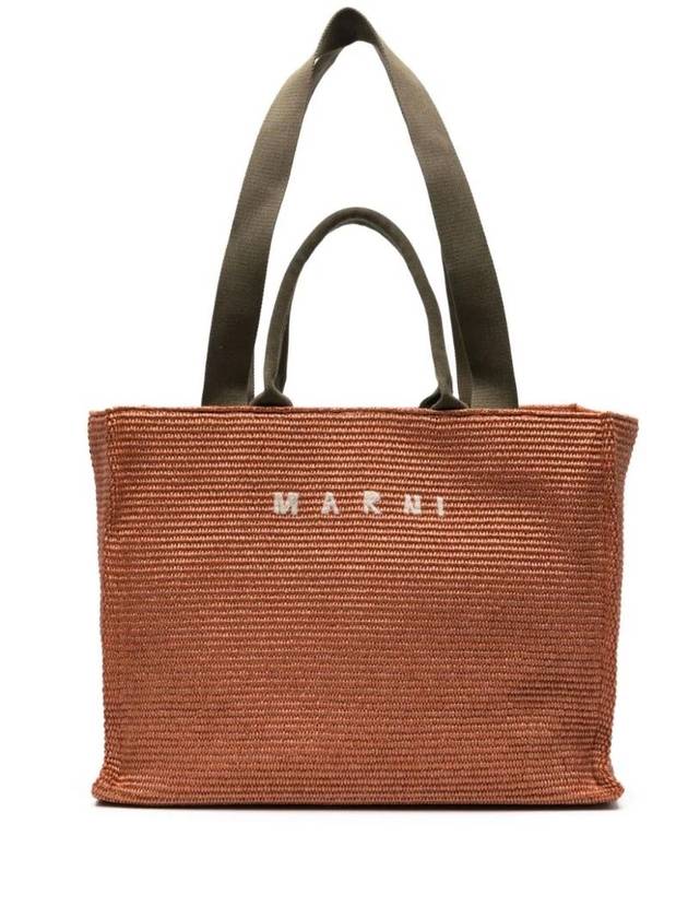 Embroidered Logo Raffia Tote Bag Brown - MARNI - BALAAN 1