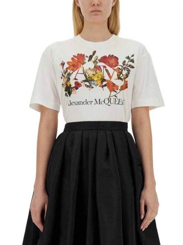 Dutch Flower Logo-Prined Crewneck Short Sleeve T-Shirt White - ALEXANDER MCQUEEN - BALAAN 1