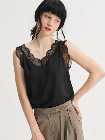 Lace Pure Linen Sleeveless T shirt Black - SORRY TOO MUCH LOVE - BALAAN 1