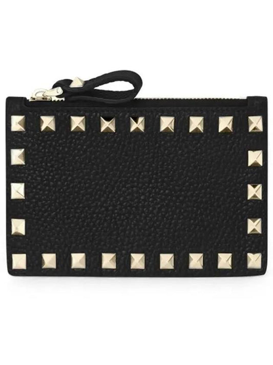 Rockstud Zipper Card Wallet Black - VALENTINO - BALAAN.