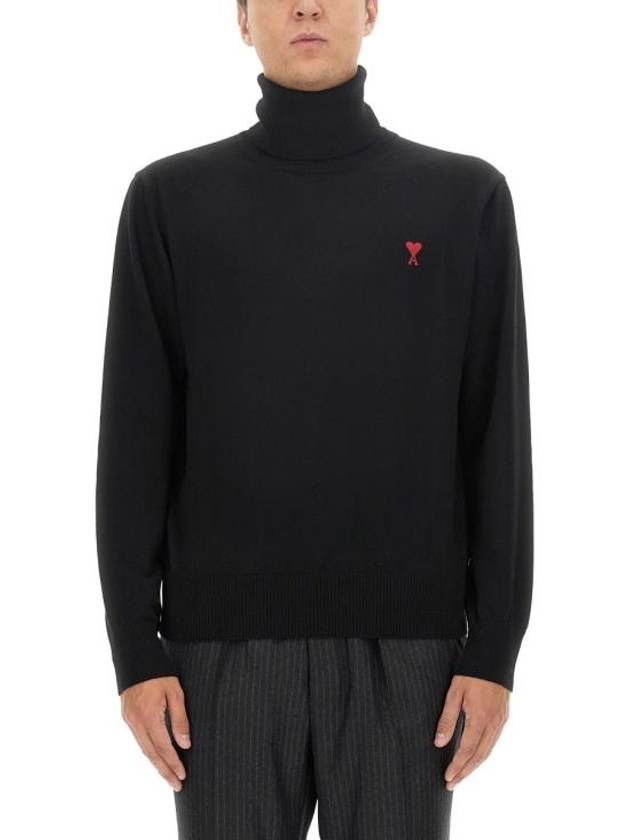 Men's Heart Logo Wool Turtleneck Black - AMI - BALAAN 2