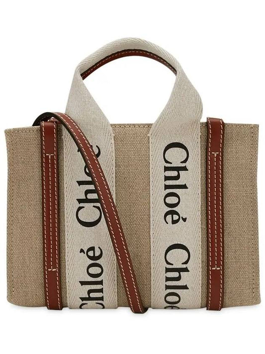 Woody Linen Canvas Calfskin Tote Bag White Brown - CHLOE - BALAAN 2