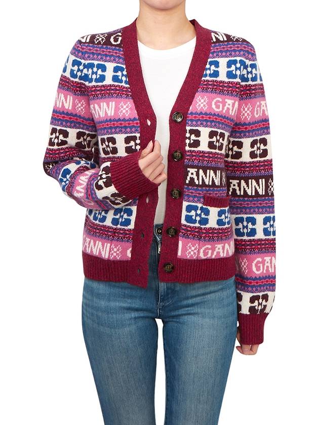 Intarsia Logo V-Neck Wool Mix Cardigan Pink - GANNI - BALAAN 5