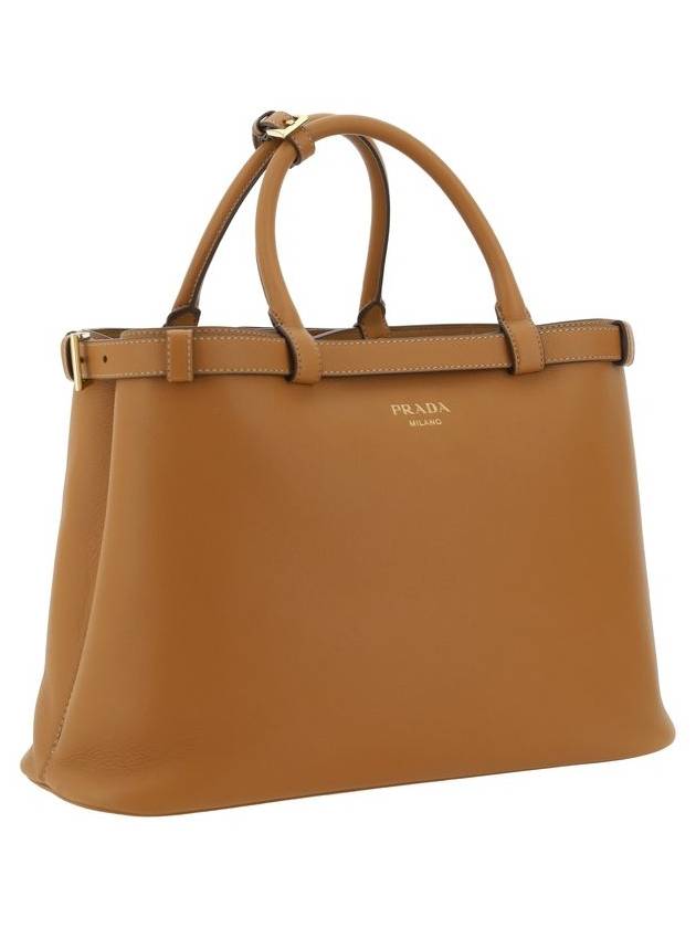 Double Belt Buckle Medium Leather Hand Tote Bag Camel - PRADA - BALAAN 3