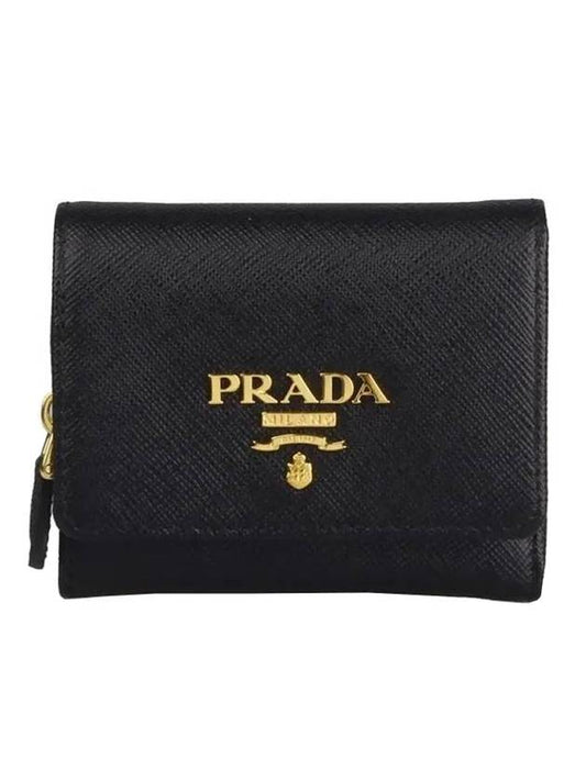 Saffiano Metal Logo Tri-Fold Half Wallet Black - PRADA - BALAAN 1