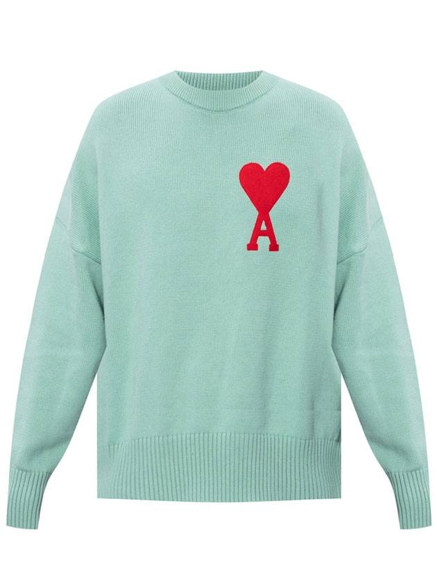 Men's Big Heart Embroidered Logo Knit Top Green Aqua - AMI - BALAAN 1