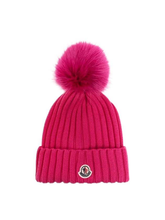 Logo Patch Pom Pom Knit Beanie Bright Pink - MONCLER - BALAAN.