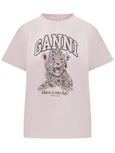 Leopard Print Cotton Short Sleeve T-Shirt Pink - GANNI - BALAAN 2