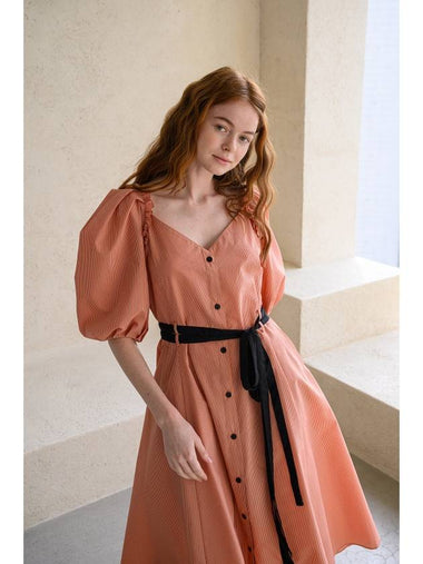 Ribbon Puff Sleeve Midi Dress Orange - CAHIERS - BALAAN 1