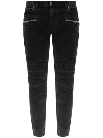 Men's Zipper Rib Slim Fit Biker Jeans Black - BALMAIN - BALAAN.