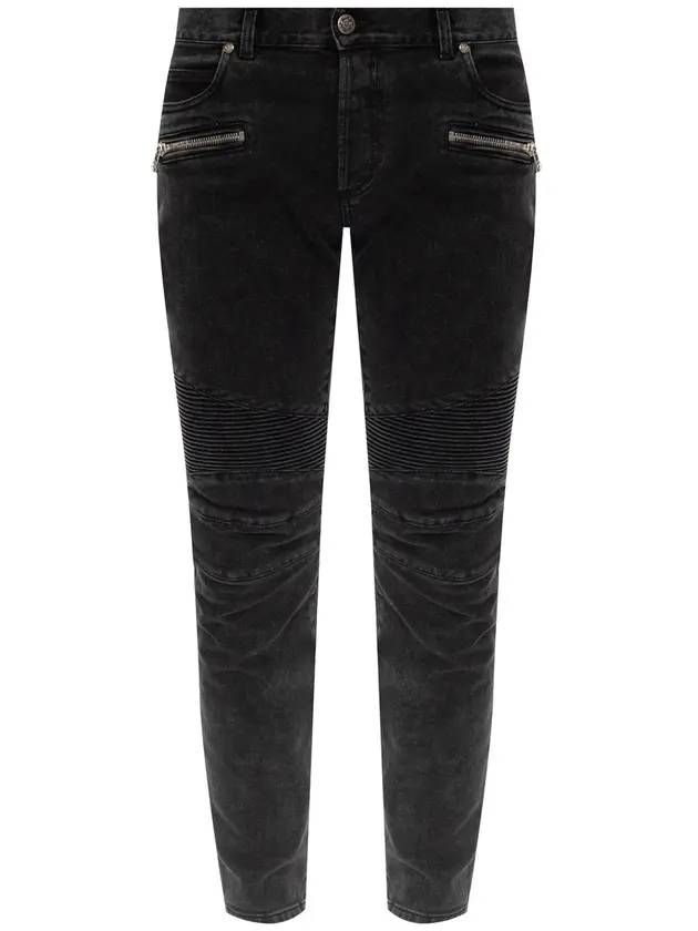 Men's Zipper Rib Slim Fit Biker Jeans Black - BALMAIN - BALAAN 1