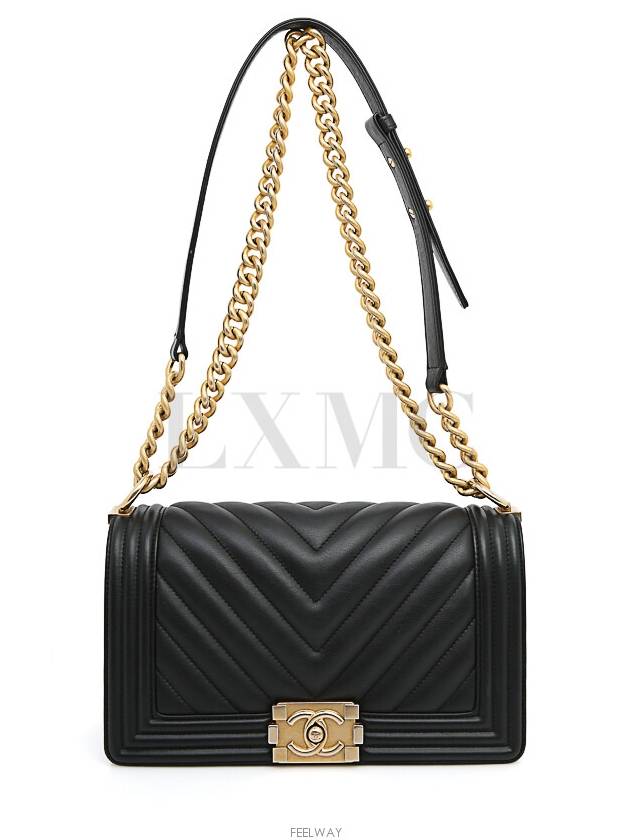 Classic Boy Bag Chevron Black Gold Chain Shoulder Flap - CHANEL - BALAAN 10