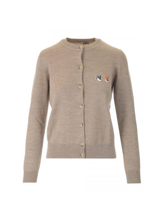 Double Fox Head Patch Round Neck Cardigan Beige Melange - MAISON KITSUNE - BALAAN.