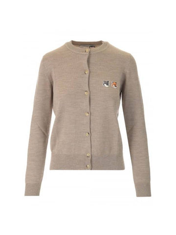 Double Fox Head Patch Round Neck Cardigan Beige Melange - MAISON KITSUNE - BALAAN 1