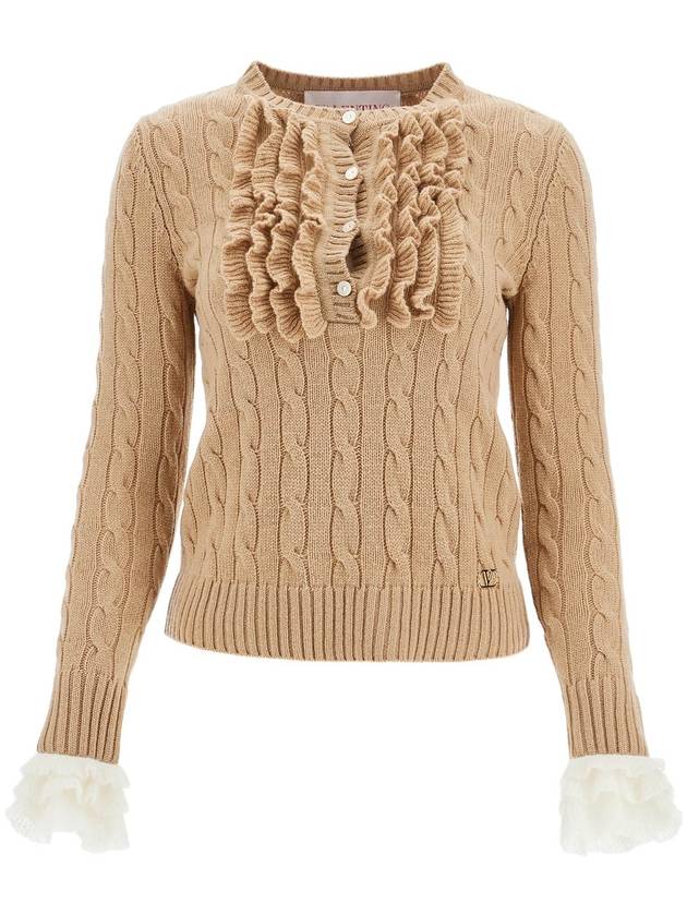 beige and ivory cable knit crew neck sweater - VALENTINO - BALAAN 1