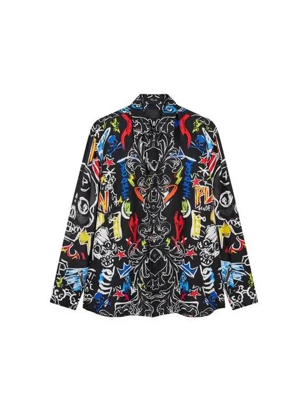 Men's Graffiti Hidden Button Silk Shirt Black - PHILIPP PLEIN - BALAAN 1