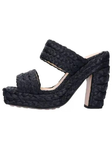 Braided Raffia Canalazzo Sandals Heels Black - BOTTEGA VENETA - BALAAN 1