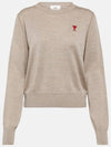 Heart Logo Crew Neck Merino Wool Knit Top Beige - AMI - BALAAN 6