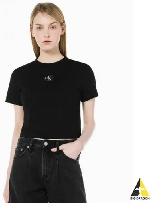 JEANS Women s Black Logo Badge Cropped Short Sleeve T Shirt J221595 BEH - CALVIN KLEIN - BALAAN 1