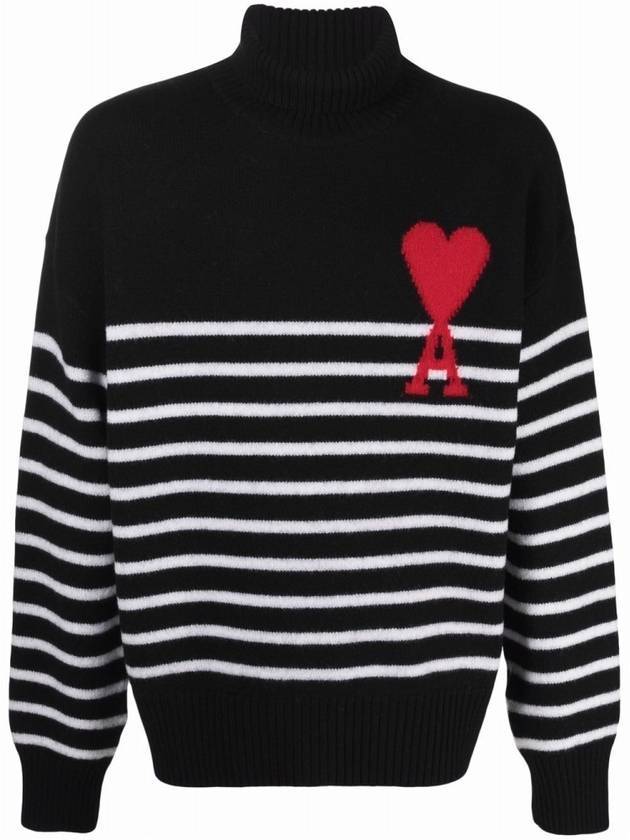 Men's Heart Logo Striped Turtleneck Black - AMI - BALAAN 1