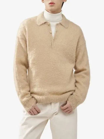 Brushed Super Kid Mohair Blend Polo Knit Beige A23AP03KMBEIGE - AURALEE - BALAAN 1