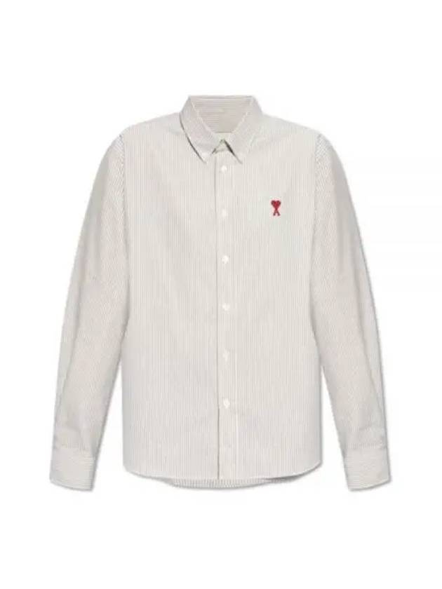 Heart Logo Stripe Button Cotton Long Sleeve Shirt Grey - AMI - BALAAN 2