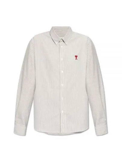 Heart Logo Stripe Button Cotton Long Sleeve Shirt Grey - AMI - BALAAN 2