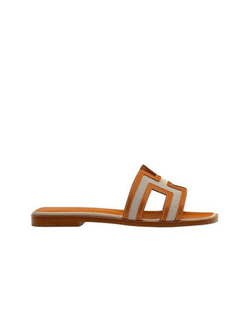 Oran Sandals Calfskin Canvas Noisette Beige - HERMES - BALAAN 1