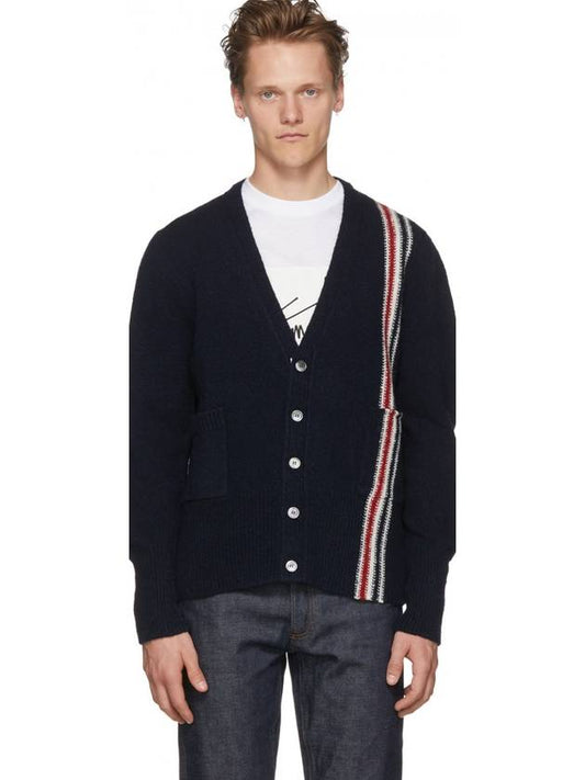 Men's Three Stripes Detail Mohair Cardigan Navy - THOM BROWNE - BALAAN.